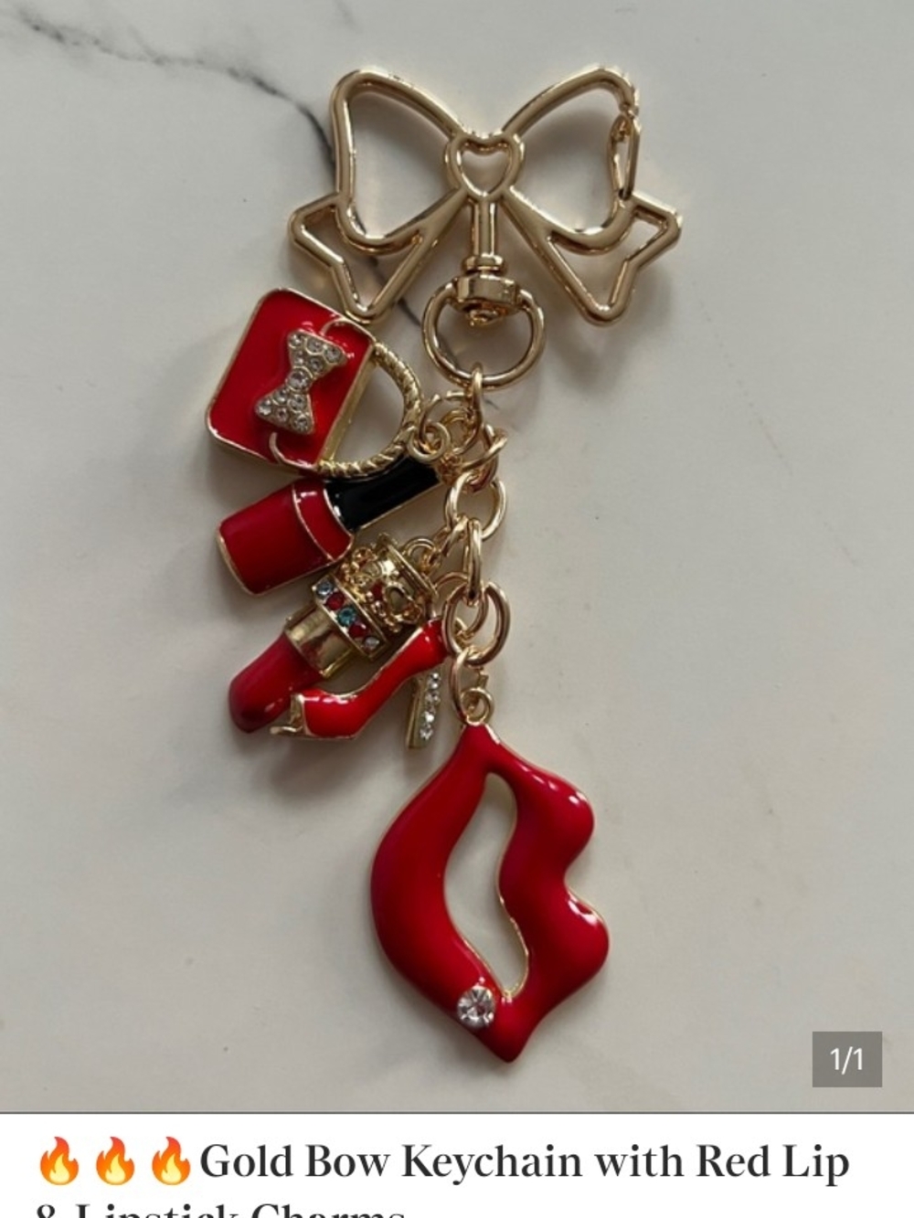 Gold Bow Keychain with Red Lip & Lipstick Charms